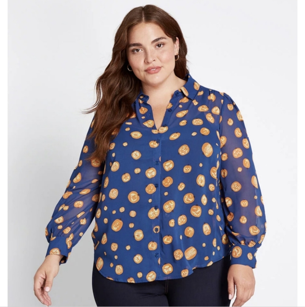 Modcloth Blue & Orange Novelty Halloween Pumpkin Print Button-up Lightweight Top
